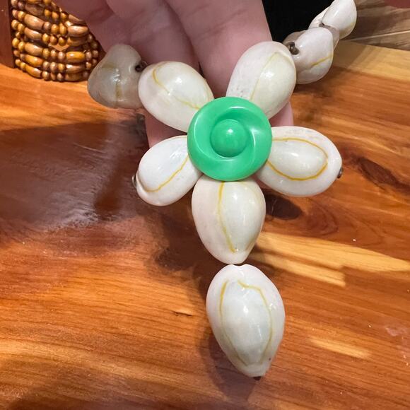 Vtg Wired Cowrie Shell Necklace & Wood Beaded Bracelet Hawaiian Aloha Lei Long - Picture 10 of 11